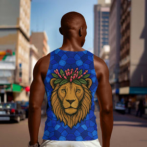 Tanzania Simba Lion Men Tank Top - Floral Crown and Blue Mosaic Design