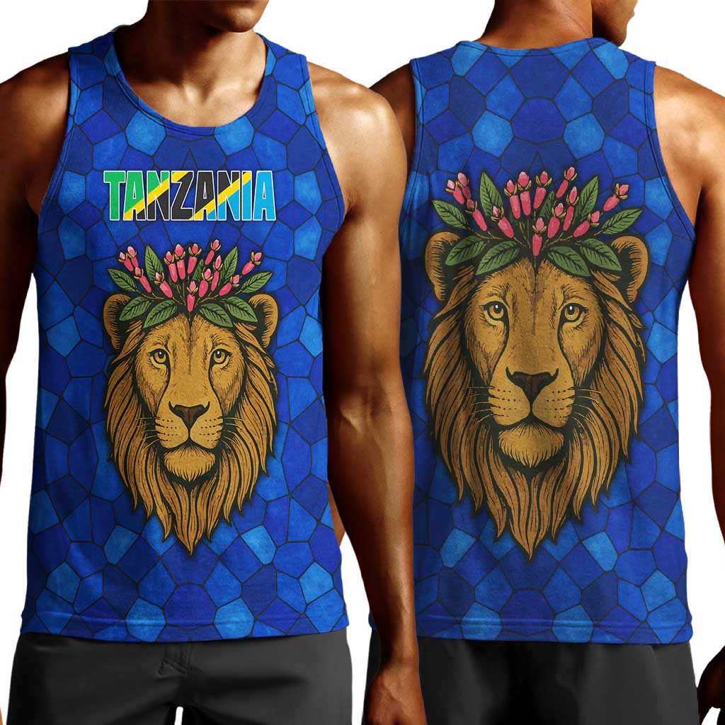 Tanzania Simba Lion Men Tank Top - Floral Crown and Blue Mosaic Design