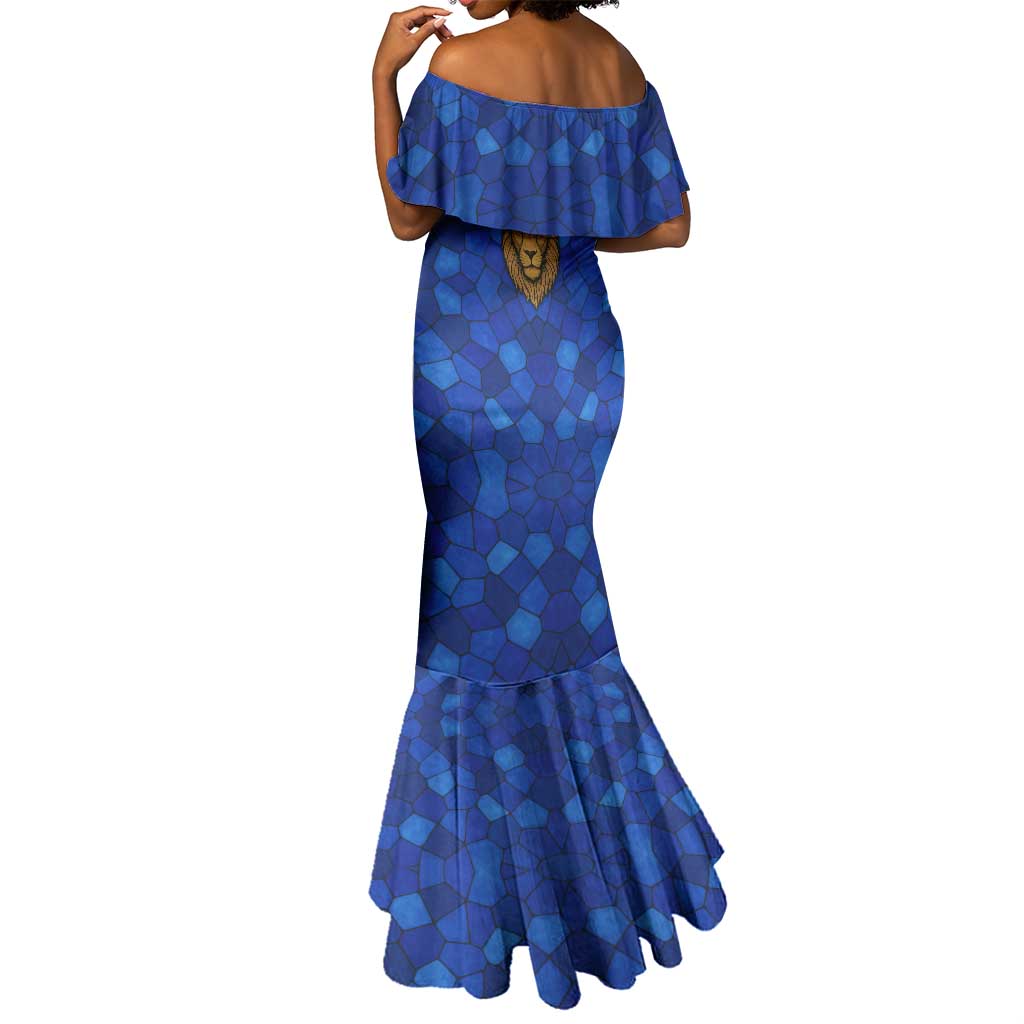 Tanzania Simba Lion Mermaid Dress - Floral Crown and Blue Mosaic Design