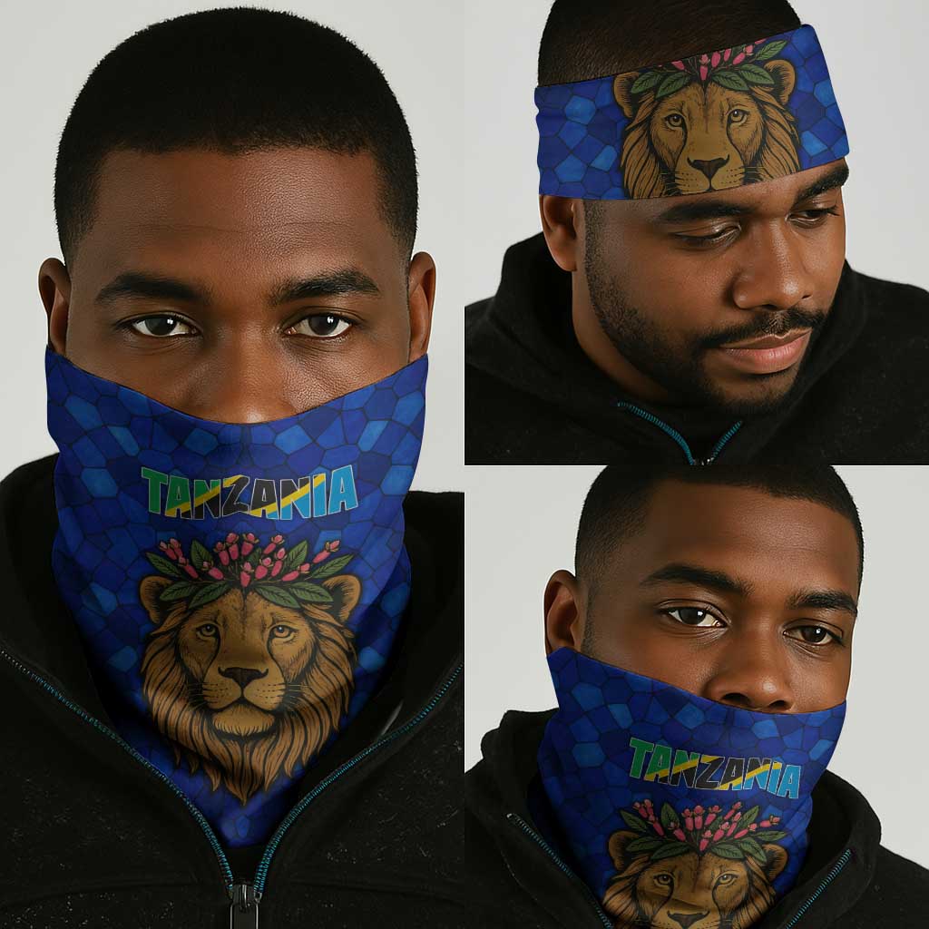 Tanzania Simba Lion Neck Gaiter - Floral Crown and Blue Mosaic Design TS04