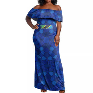 Tanzania Simba Lion Off Shoulder Maxi Dress - Floral Crown and Blue Mosaic Design