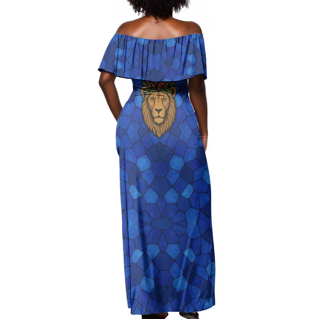 Tanzania Simba Lion Off Shoulder Maxi Dress - Floral Crown and Blue Mosaic Design
