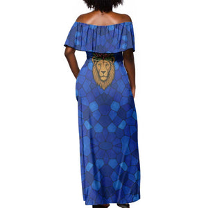 Tanzania Simba Lion Off Shoulder Maxi Dress - Floral Crown and Blue Mosaic Design