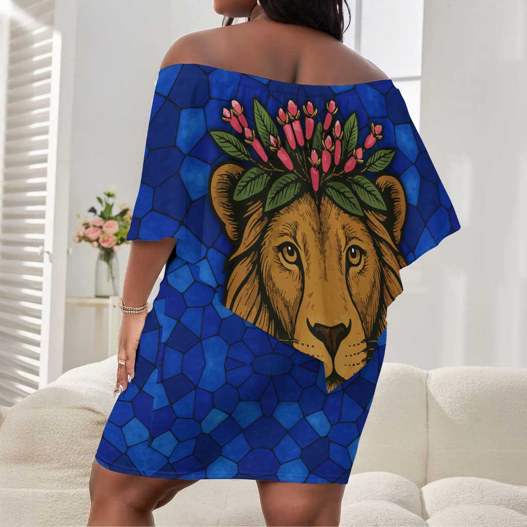 Tanzania Simba Lion Off Shoulder Short Dress - Floral Crown and Blue Mosaic Design