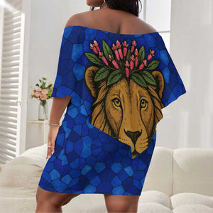 Tanzania Simba Lion Off Shoulder Short Dress - Floral Crown and Blue Mosaic Design