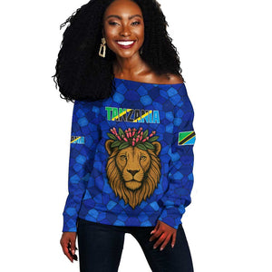 Tanzania Simba Lion Off Shoulder Sweater - Floral Crown and Blue Mosaic Design