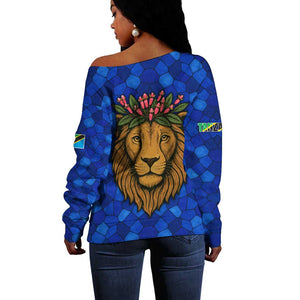 Tanzania Simba Lion Off Shoulder Sweater - Floral Crown and Blue Mosaic Design