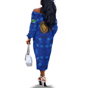 Tanzania Simba Lion Off The Shoulder Long Sleeve Dress - Floral Crown and Blue Mosaic Design