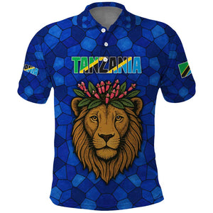 Tanzania Simba Lion Polo Shirt - Floral Crown and Blue Mosaic Design