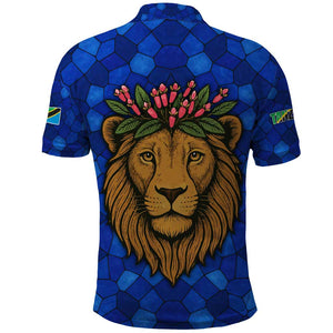 Tanzania Simba Lion Polo Shirt - Floral Crown and Blue Mosaic Design