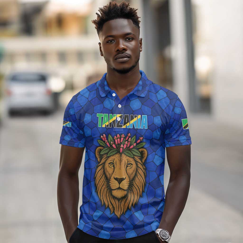 Tanzania Simba Lion Polo Shirt - Floral Crown and Blue Mosaic Design