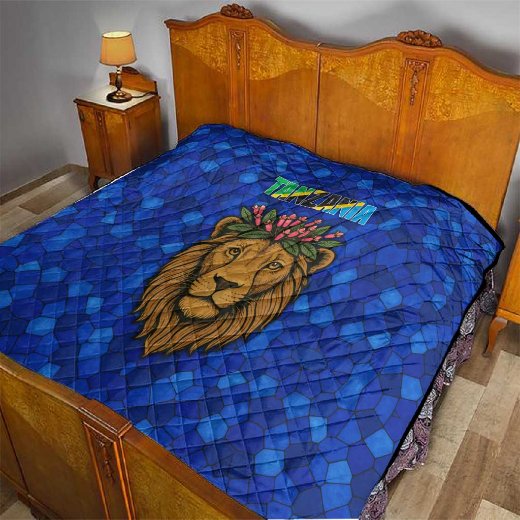 Tanzania Simba Lion Quilt - Floral Crown and Blue Mosaic Design