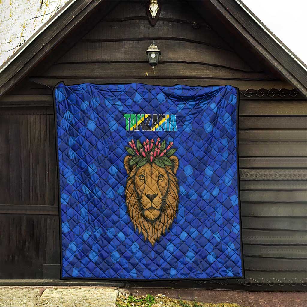 Tanzania Simba Lion Quilt - Floral Crown and Blue Mosaic Design