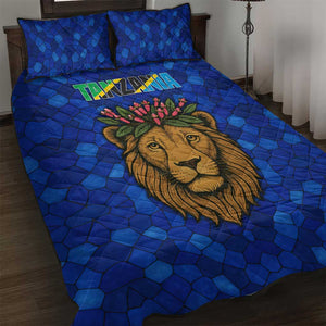 Tanzania Simba Lion Quilt Bed Set - Floral Crown and Blue Mosaic Design