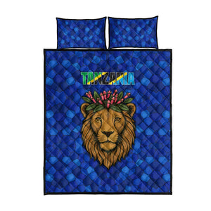 Tanzania Simba Lion Quilt Bed Set - Floral Crown and Blue Mosaic Design