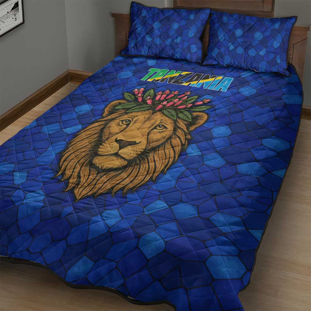 Tanzania Simba Lion Quilt Bed Set - Floral Crown and Blue Mosaic Design