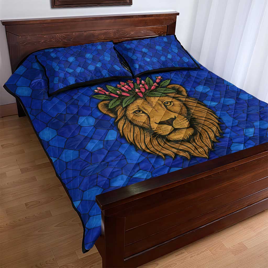 Tanzania Simba Lion Quilt Bed Set - Floral Crown and Blue Mosaic Design