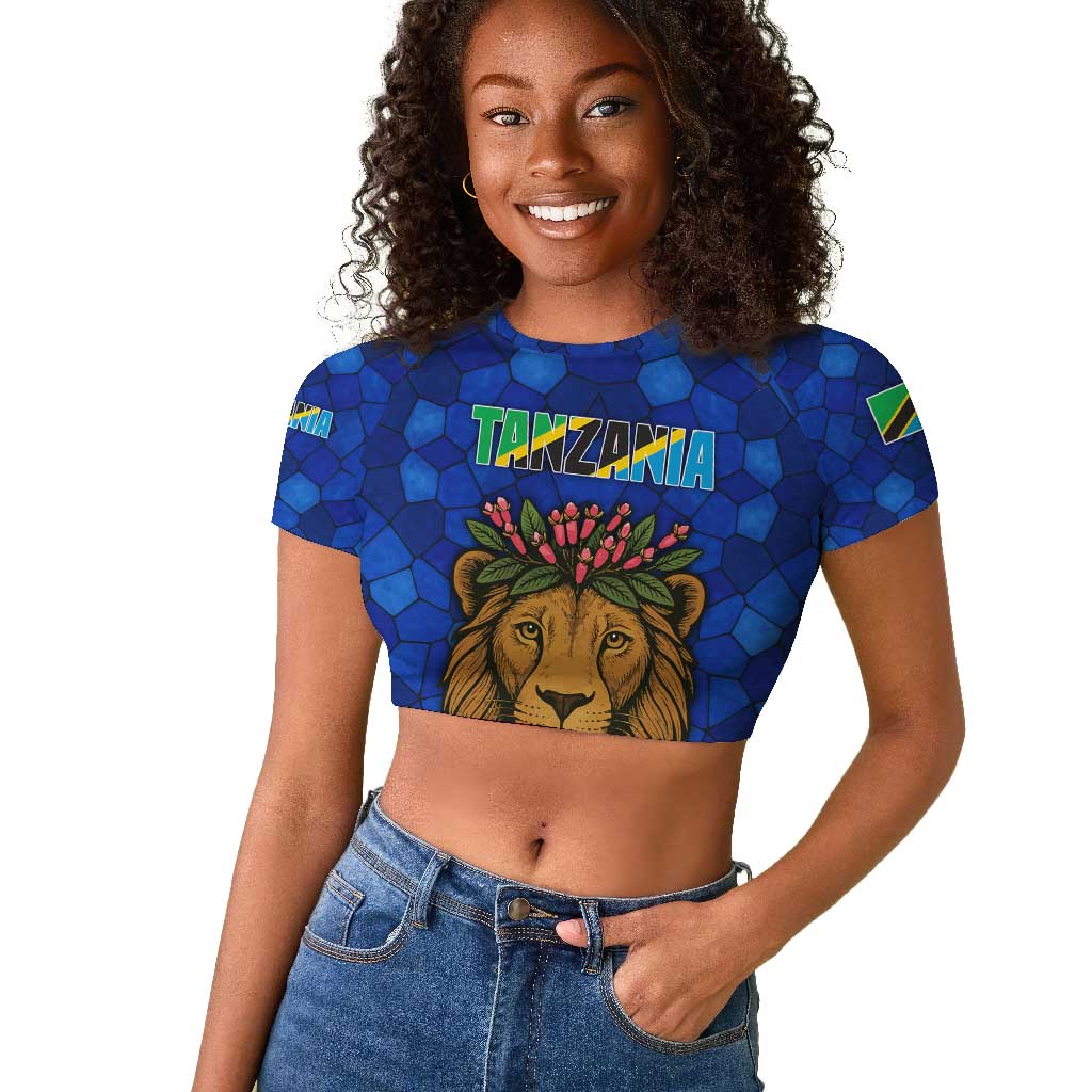 Tanzania Simba Lion Raglan Cropped T shirt - Floral Crown and Blue Mosaic Design