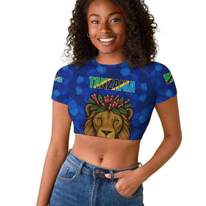 Tanzania Simba Lion Raglan Cropped T shirt - Floral Crown and Blue Mosaic Design