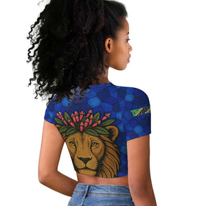 Tanzania Simba Lion Raglan Cropped T shirt - Floral Crown and Blue Mosaic Design