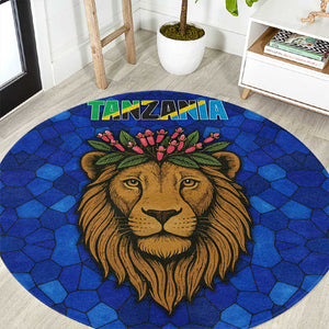 Tanzania Simba Lion Round Carpet - Floral Crown and Blue Mosaic Design