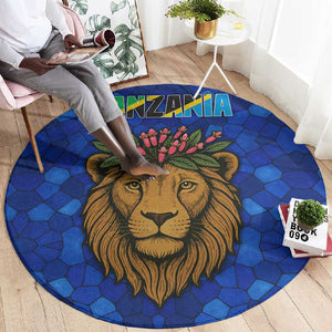Tanzania Simba Lion Round Carpet - Floral Crown and Blue Mosaic Design