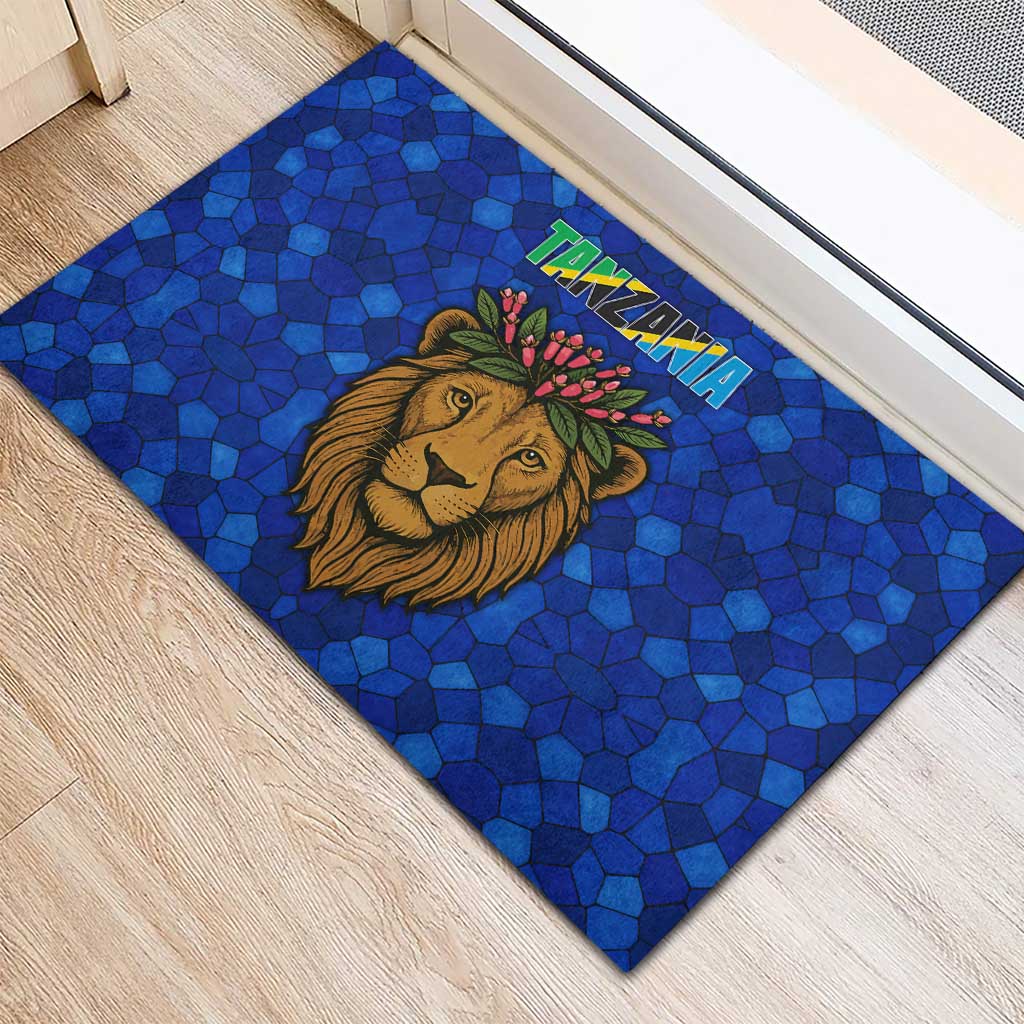 Tanzania Simba Lion Rubber Doormat - Floral Crown and Blue Mosaic Design