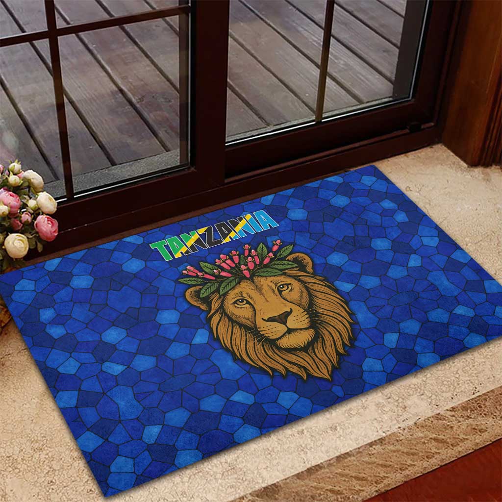 Tanzania Simba Lion Rubber Doormat - Floral Crown and Blue Mosaic Design