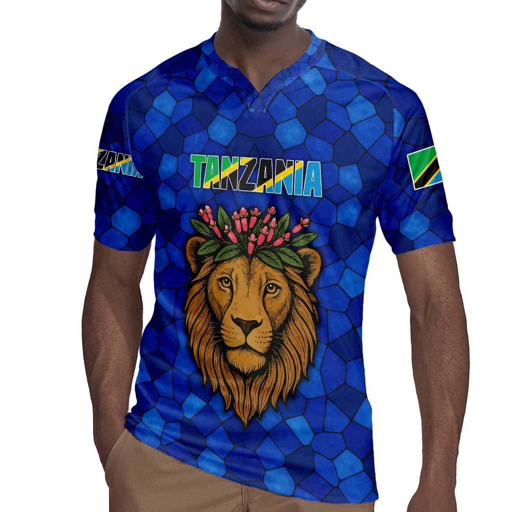 Tanzania Simba Lion Rugby Jersey - Floral Crown and Blue Mosaic Design