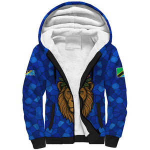 Tanzania Simba Lion Sherpa Hoodie - Floral Crown and Blue Mosaic Design