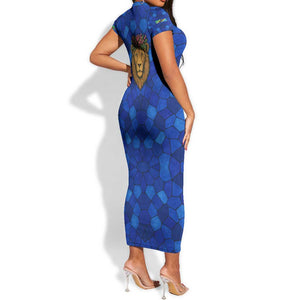 Tanzania Simba Lion Short Sleeve Bodycon Dress - Floral Crown and Blue Mosaic Design
