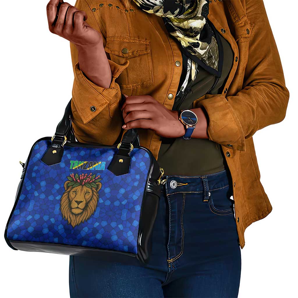Tanzania Simba Lion Shoulder Handbag - Floral Crown and Blue Mosaic Design