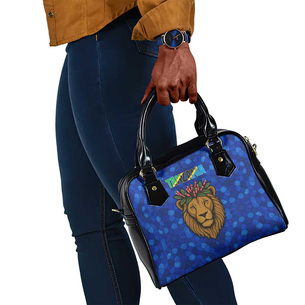 Tanzania Simba Lion Shoulder Handbag - Floral Crown and Blue Mosaic Design