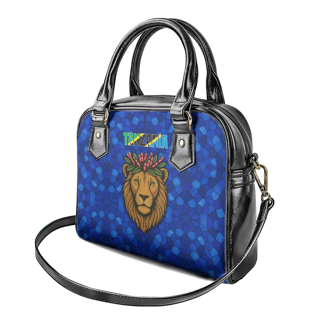 Tanzania Simba Lion Shoulder Handbag - Floral Crown and Blue Mosaic Design