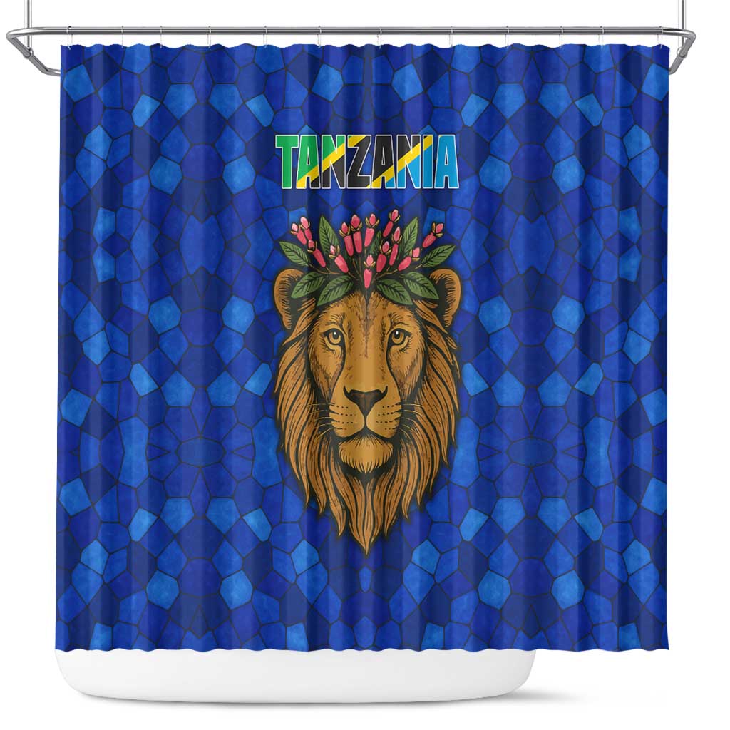 Tanzania Simba Lion Shower Curtain - Floral Crown and Blue Mosaic Design