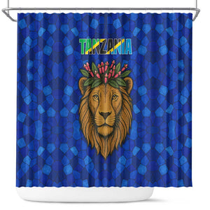 Tanzania Simba Lion Shower Curtain - Floral Crown and Blue Mosaic Design