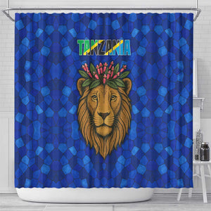 Tanzania Simba Lion Shower Curtain - Floral Crown and Blue Mosaic Design