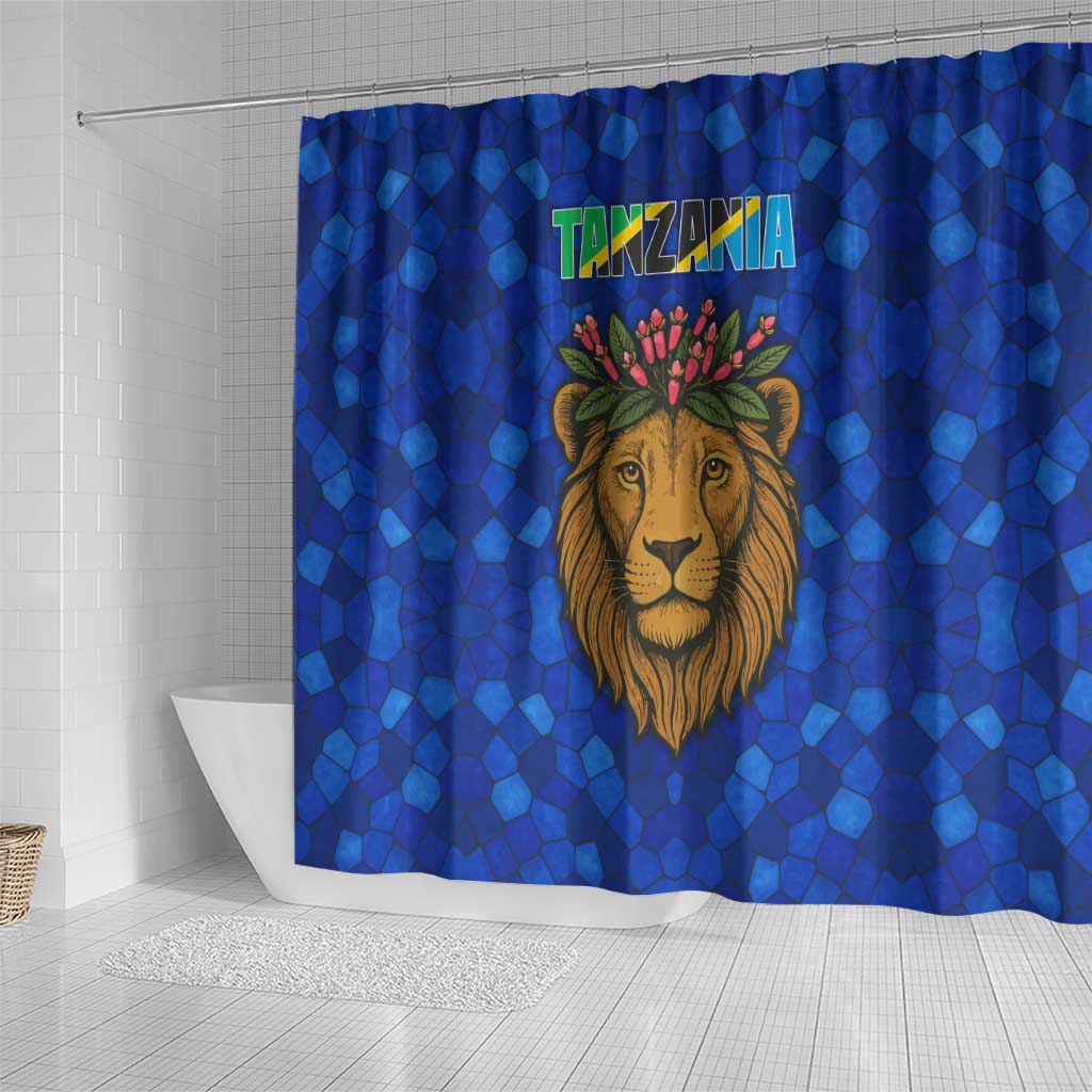 Tanzania Simba Lion Shower Curtain - Floral Crown and Blue Mosaic Design