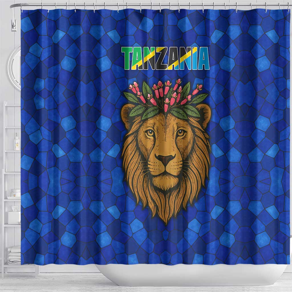 Tanzania Simba Lion Shower Curtain - Floral Crown and Blue Mosaic Design