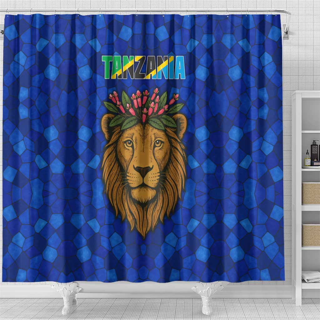 Tanzania Simba Lion Shower Curtain - Floral Crown and Blue Mosaic Design