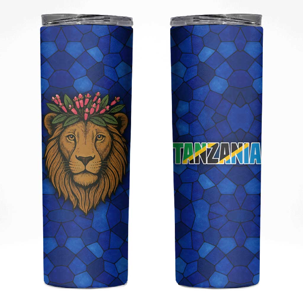 Tanzania Simba Lion Skinny Tumbler - Floral Crown and Blue Mosaic Design
