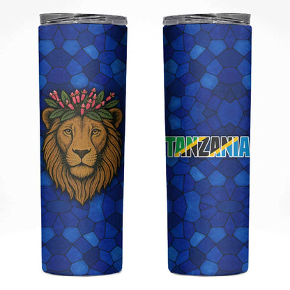 Tanzania Simba Lion Skinny Tumbler - Floral Crown and Blue Mosaic Design