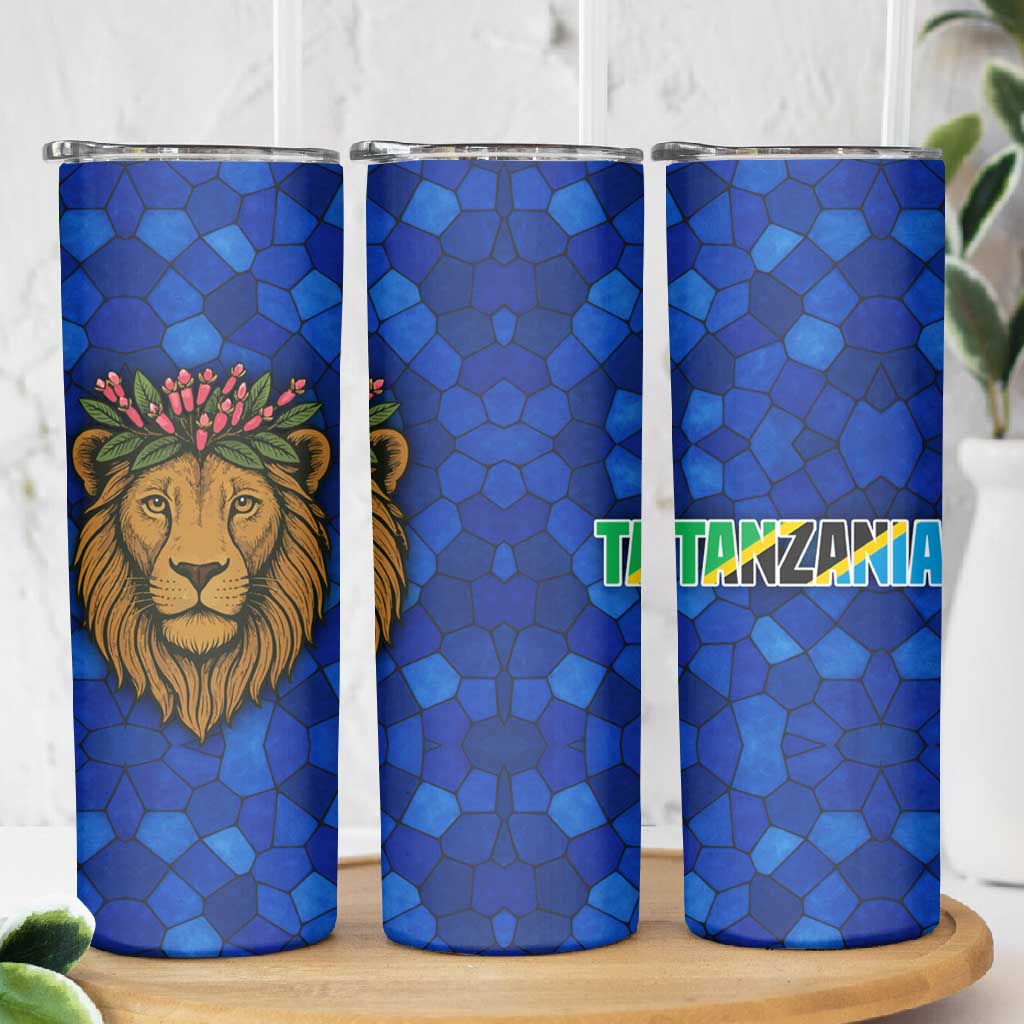 Tanzania Simba Lion Skinny Tumbler - Floral Crown and Blue Mosaic Design