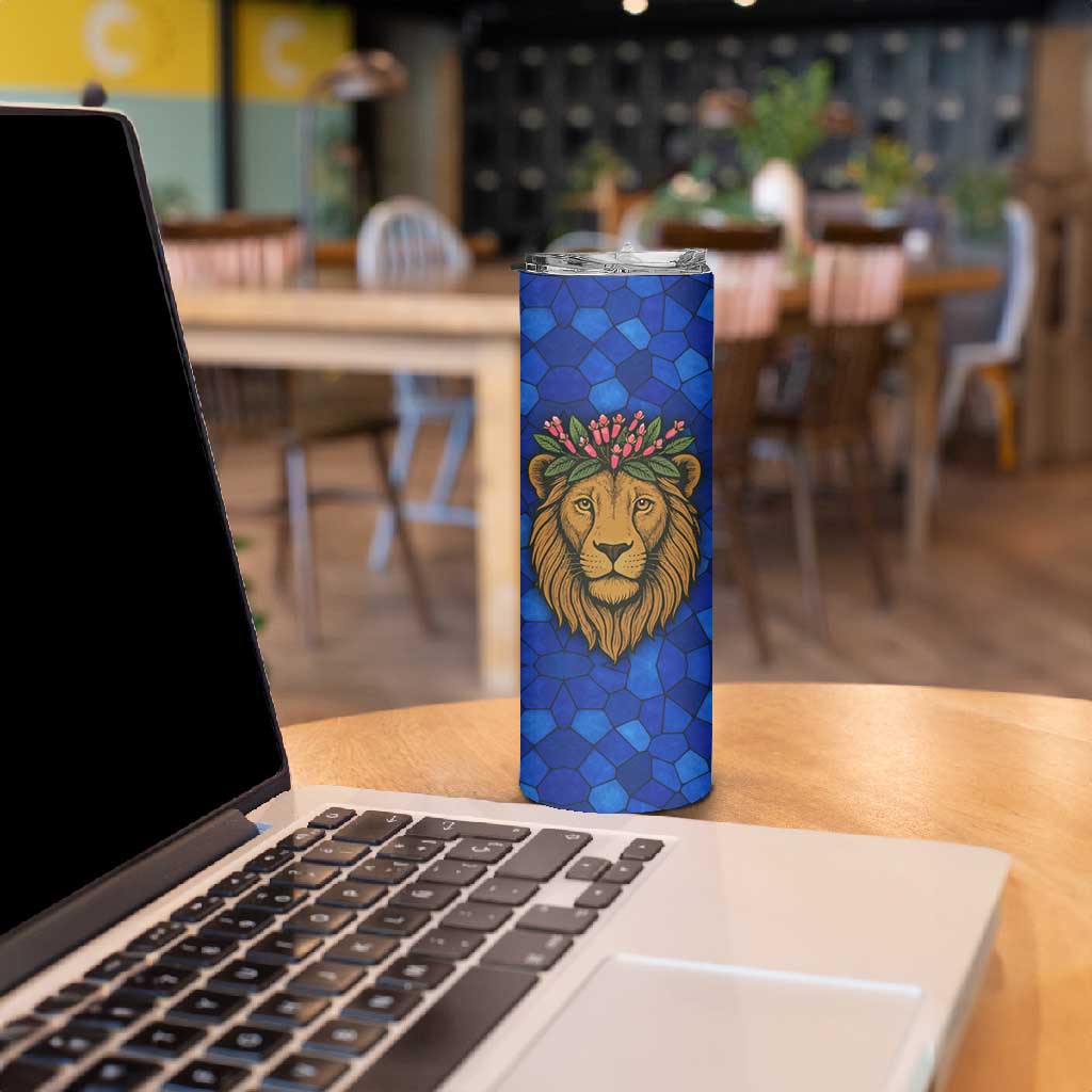 Tanzania Simba Lion Skinny Tumbler - Floral Crown and Blue Mosaic Design
