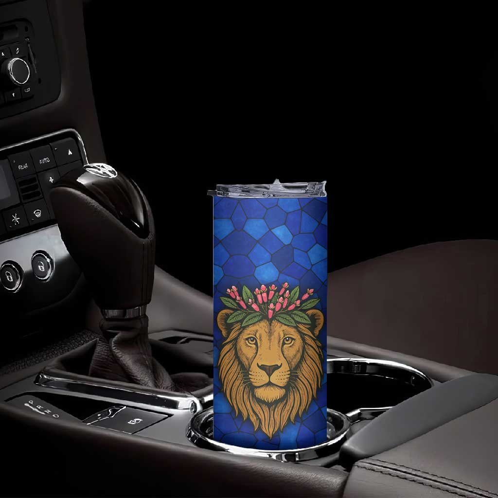 Tanzania Simba Lion Skinny Tumbler - Floral Crown and Blue Mosaic Design