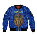 Tanzania Simba Lion Sleeve Zip Bomber Jacket - Floral Crown and Blue Mosaic Design