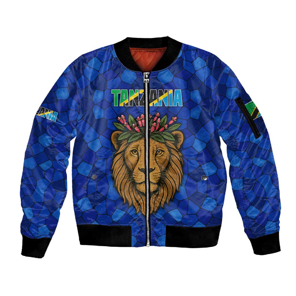 Tanzania Simba Lion Sleeve Zip Bomber Jacket - Floral Crown and Blue Mosaic Design