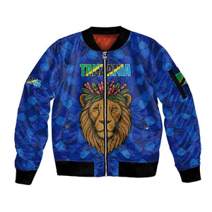 Tanzania Simba Lion Sleeve Zip Bomber Jacket - Floral Crown and Blue Mosaic Design