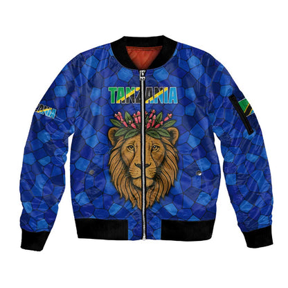 Tanzania Simba Lion Sleeve Zip Bomber Jacket - Floral Crown and Blue Mosaic Design