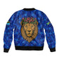Tanzania Simba Lion Sleeve Zip Bomber Jacket - Floral Crown and Blue Mosaic Design